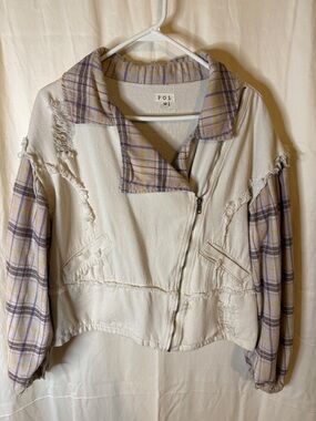 POL Cream Bomber Jacket with Lavender Plaid Accents